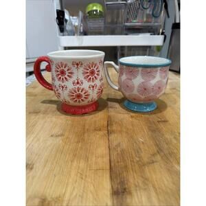 Set of 2, Pioneer Woman, Happiness Red floral Burst, Turquoise Coffee Mugs *